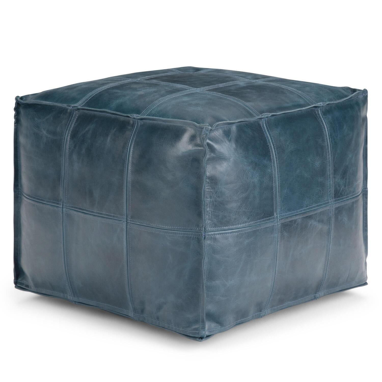 Teal Genuine Leather Square Pouf with Engineered Wood Frame