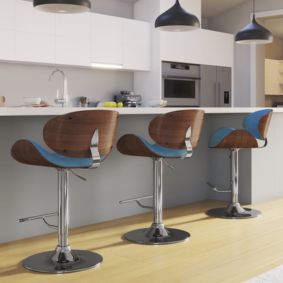 Simpli Home Marana Bentwood Adjustable Swivel Bar Stool In Blue Linen Linen Look Fabric