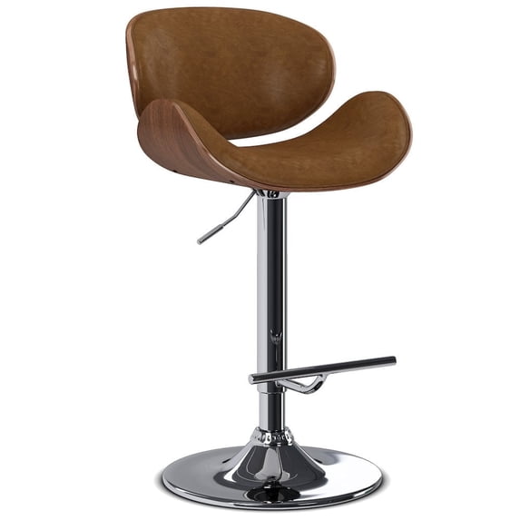 Simpli Home Marana Bentwood Adjustable Swivel Bar Stool In Deep Tan Vegan Faux Leather