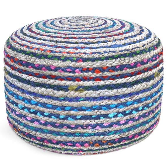 Simpli Home Margo 20 inch Wide Boho Round Pouf in Blue Handwoven Jute and Cotton