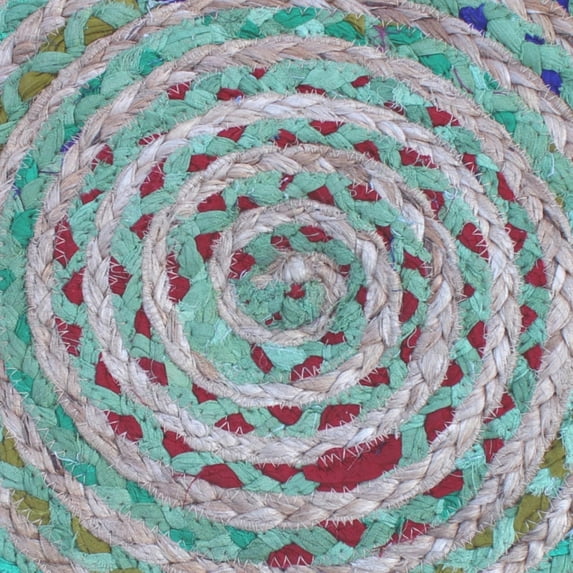 Simpli Home Margo 20 inch Wide Boho Round Pouf in Green Handwoven Jute and Cotton