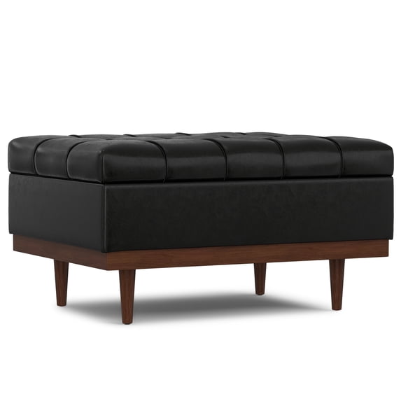 Simpli Home Mariah 34 inch Wide Contemporary Rectangle Coffee Table Storage Ottoman in Midnight Black PU Black faux leather