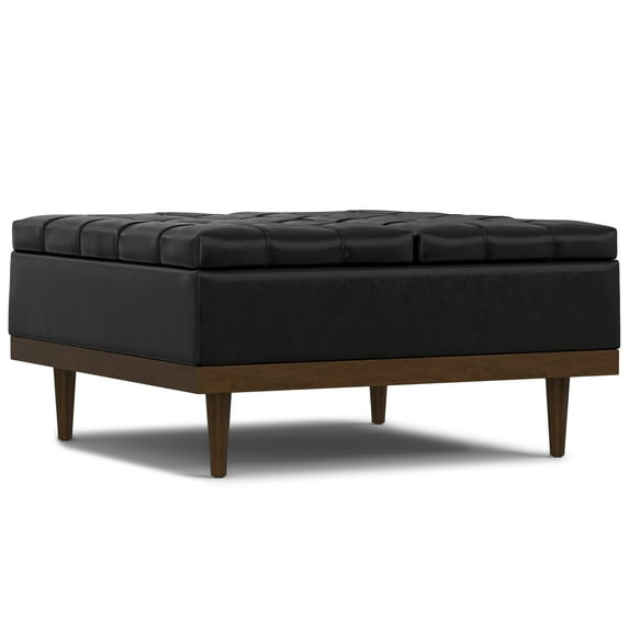Simpli Home Mariah 36 inch Wide Contemporay Rectangle Lift Top Table Storage Ottoman in Midnight Black PU Black faux leather