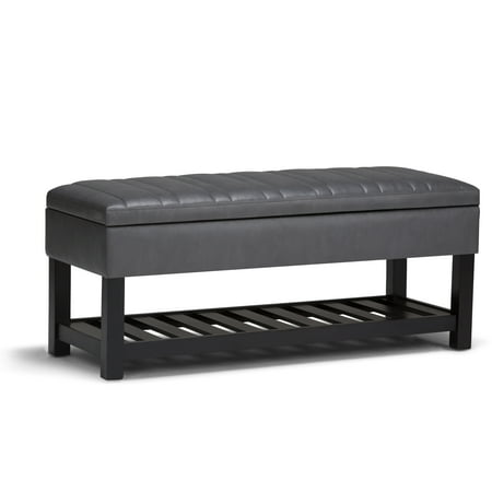 Simpli Home Memphis 43 inch Wide Transitional Rectangle Storage Ottoman Bench in Stone Grey Faux Leather