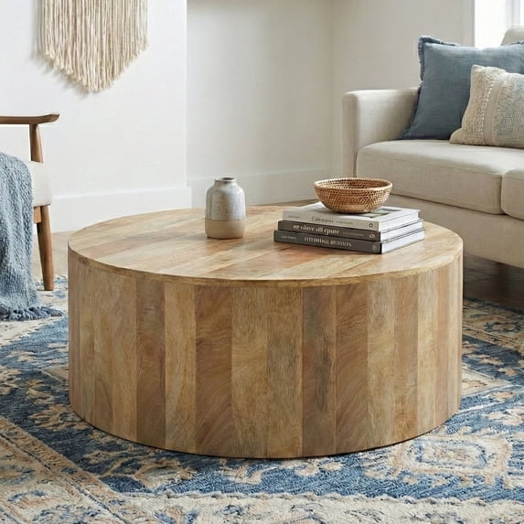 Simpli Home Millbury 36 inch Wide Solid Mango Wood Drum Coffee Table, Honey Earthtone