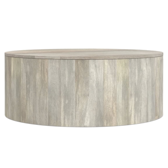 Simpli Home Millbury SOLID MANGO WOOD Drum Coffee Table in White Wash