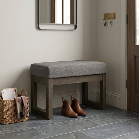 Simpli Home Milltown 27 inch Wide Solid Wood Contemporary Footstool Small Ottoman Bench in Grey