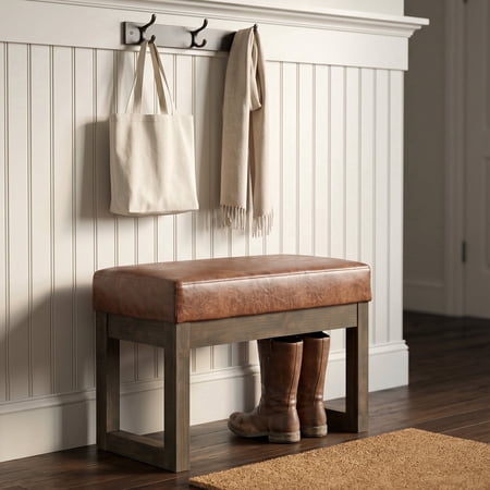 Simpli Home Milltown 27 inch Wide Solid Wood Contemporary Footstool Small Ottoman Bench in Distressed Saddle Brown