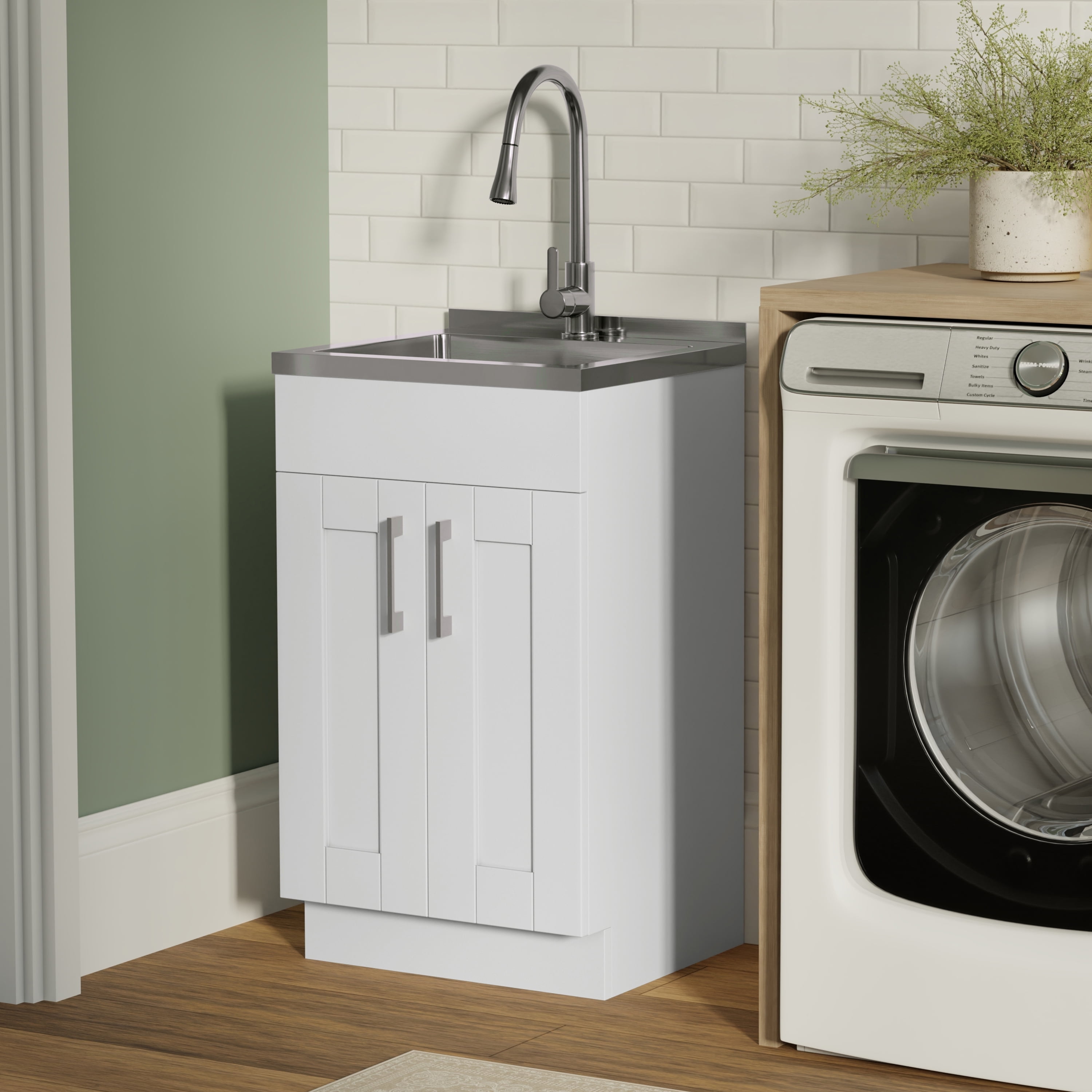 Pure White Freestanding Shaker Laundry Cabinet with Stainless Steel Sink