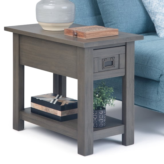 Simpli Home Monroe 14W Narrow Open Side Table with Top Drawer and Shelf