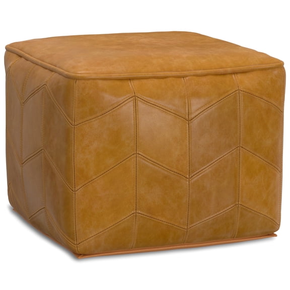 Simpli Home Morden 18 inch Wide Contemporary Square Pouf in Brown Genuine Leather