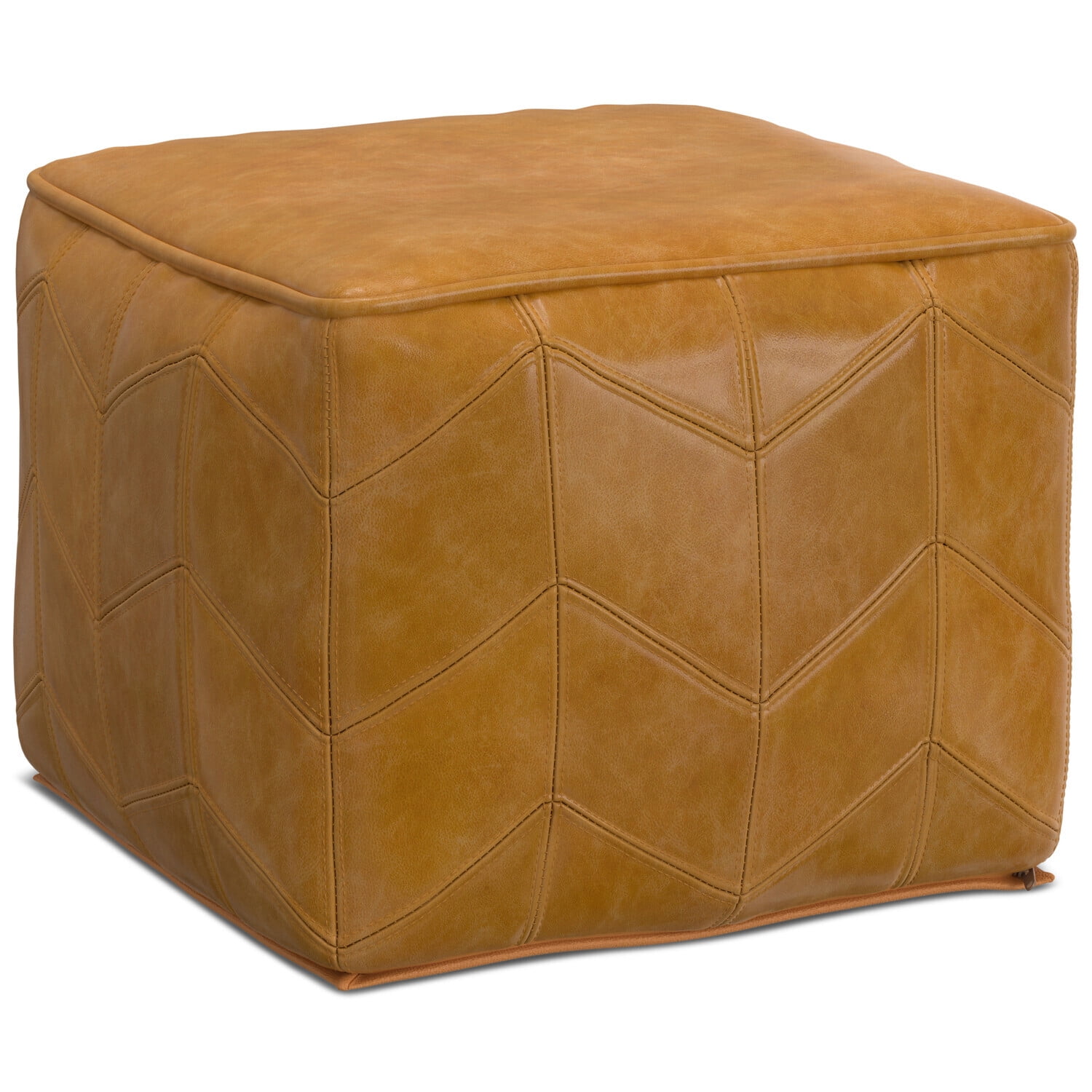 Brown Genuine Leather Chevron Pattern Square Pouf