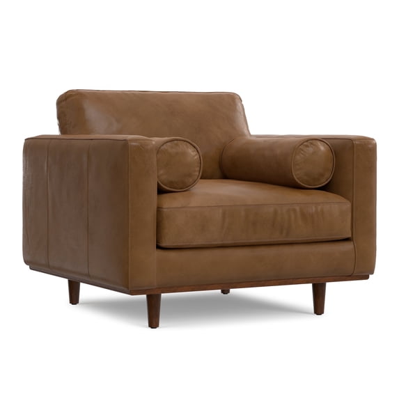 Simpli Home Morrison 42 inch Wide Mid-Century Modern Arm Chair in Caramel Brown Genuine Leather