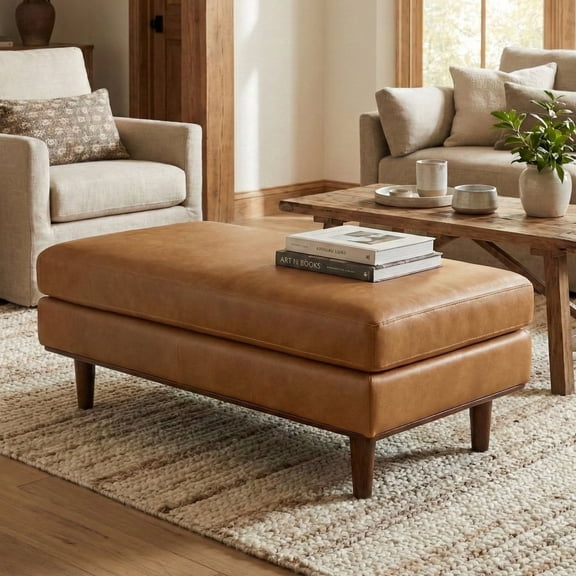 Simpli Home Morrison 49-inch-Wide Genuine Leather Rectangular Ottoman, Burnt Sienna