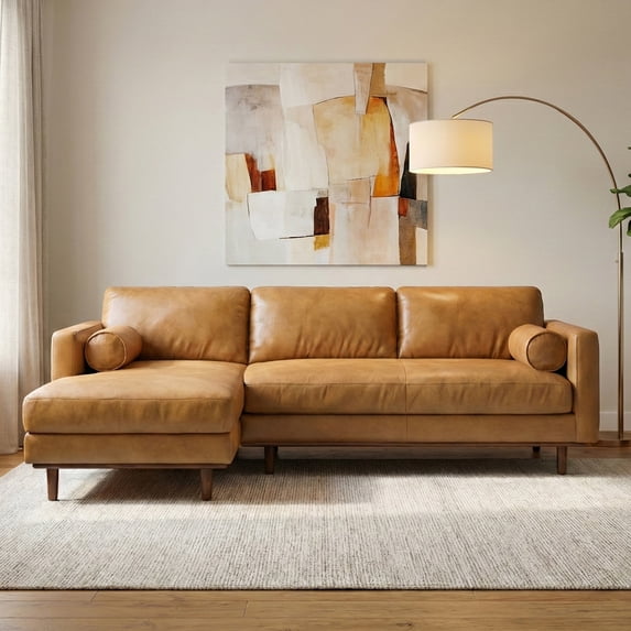 Simpli Home Morrison Mid Century Left Sectional 102 inch Wide Sofa Sectional in Sienna Genuine Leather