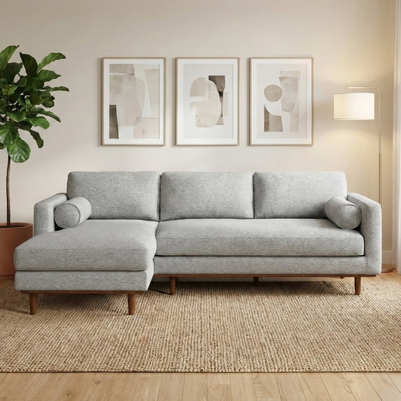 Simpli Home Morrison Mid Century Left Sectional 102 inch Wide Sofa Sectional in Mist Grey Tightly Woven Performance Fabric