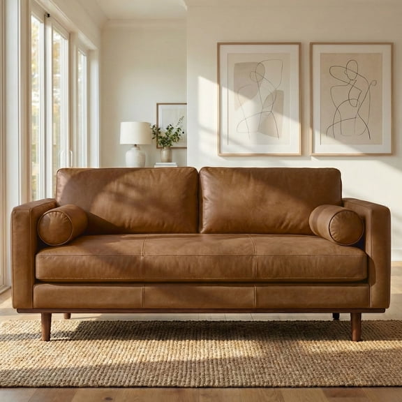 Morrison 72 inch Wide Mid-Century Modern Sofa in Caramel Brown Top Grain Genuine Leather