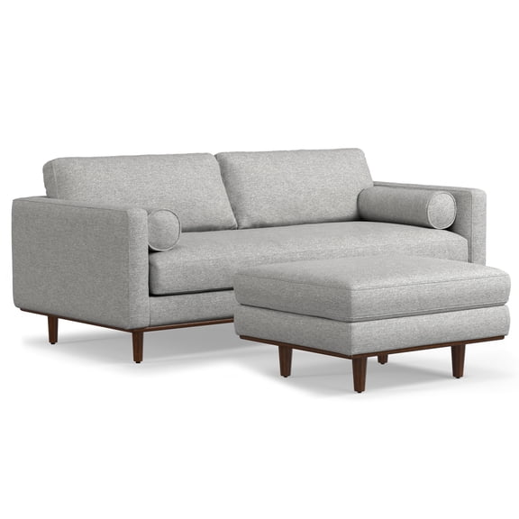 Simpli Home Morrison Mid-Century Modern 89 inch Wide Sofa with Ottoman Set in Mist Grey Tightly Woven Performance Fabric