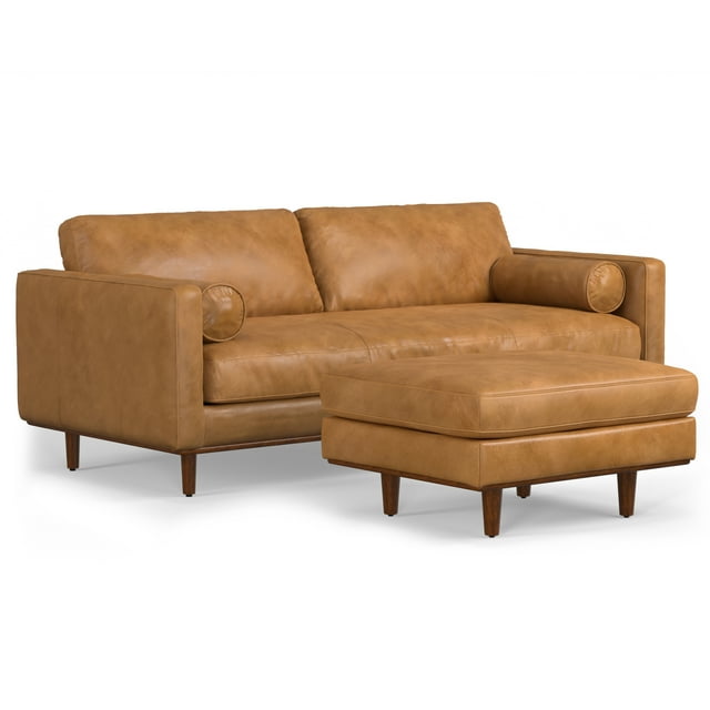 Simpli Home Morrison MidCentury Modern 89 inch Wide Sofa Set in Sienna Genuine Leather