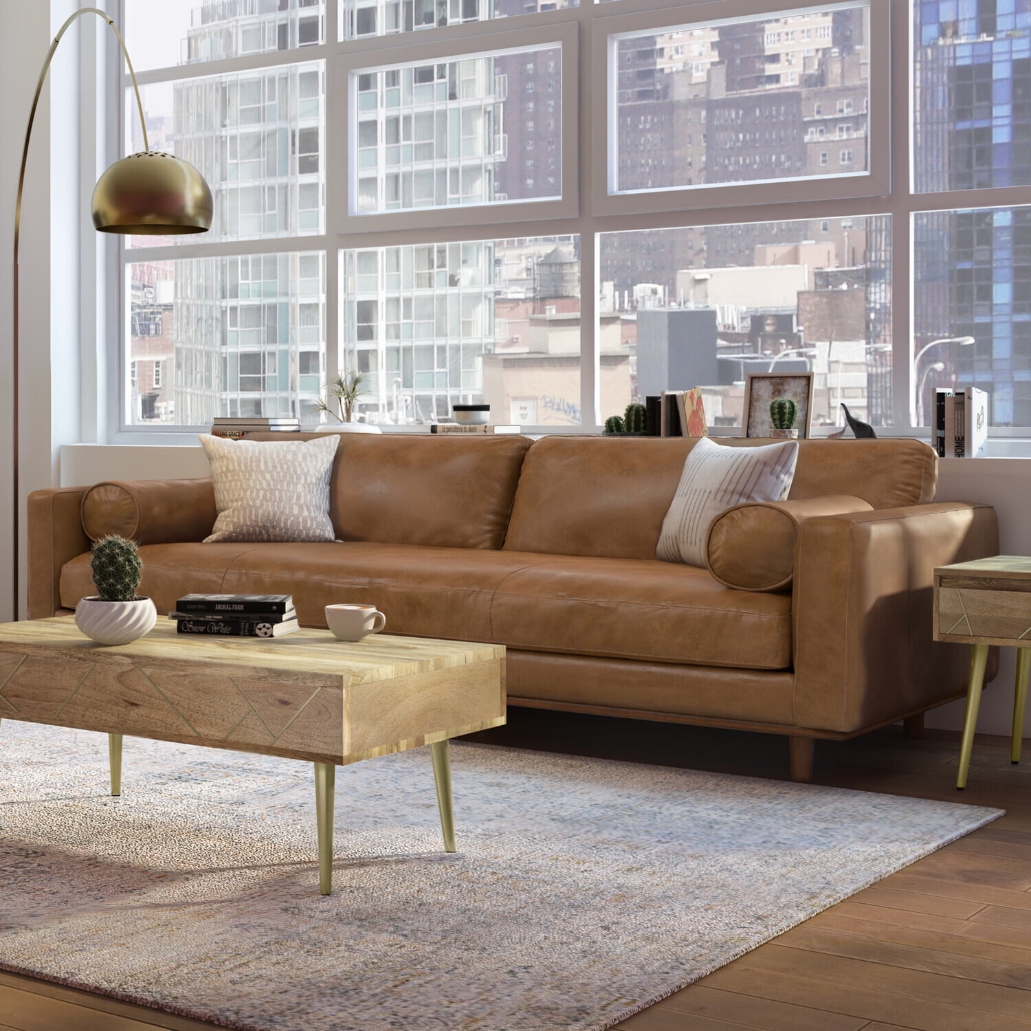Caramel Brown Genuine Leather Sofa with Removable Cushions