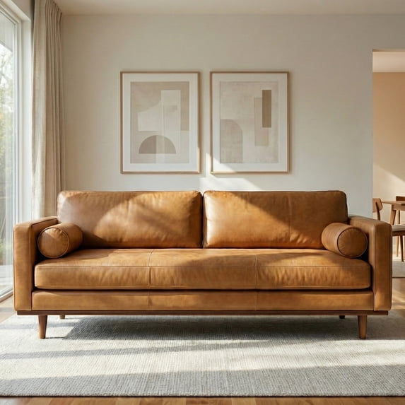 Morrison 89 inch Wide Mid-Century Modern Sofa in Sienna Top Grain Genuine Leather
