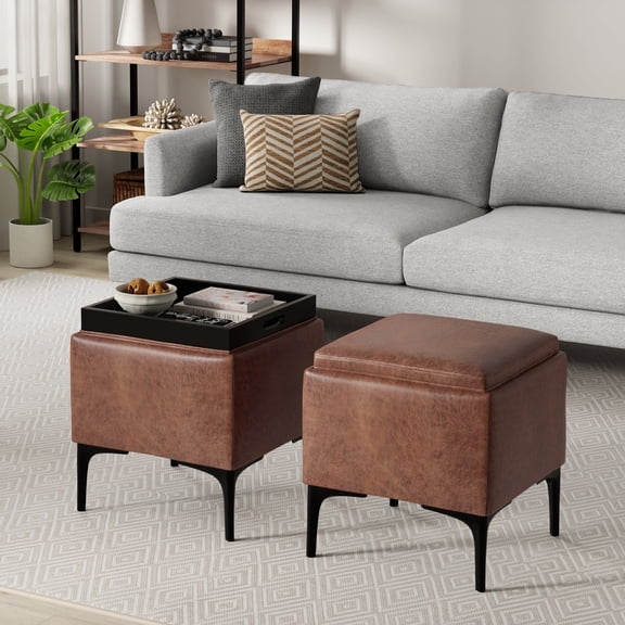 Simpli Home Natasha 18" WD Square Storage Ottoman with Tray in Brown Vegan Faux Leather