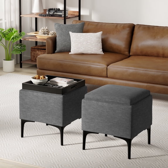 Simpli Home Natasha 18" WD Square Storage Ottoman with Tray in Slate Gray Polyester Linen