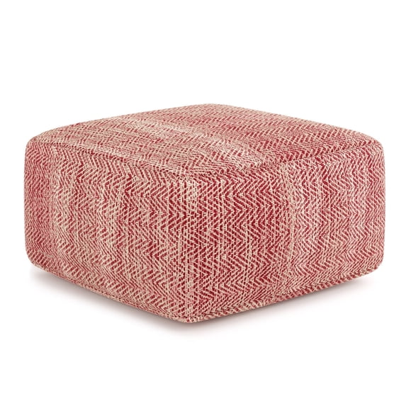 Simpli Home Nate 20 inch Wide Boho Square Pouf in Patterned Maroon Mélange Cotton