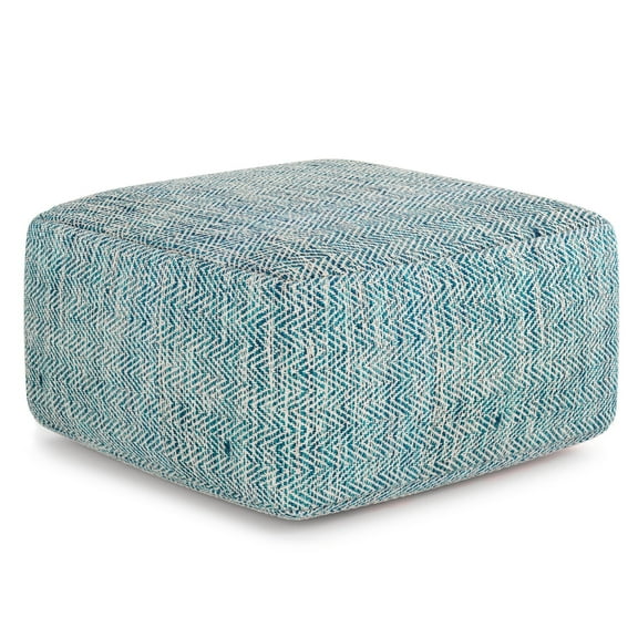 Simpli Home Nate 20 inch Wide Boho Square Pouf in Patterned Teal Mélange Cotton