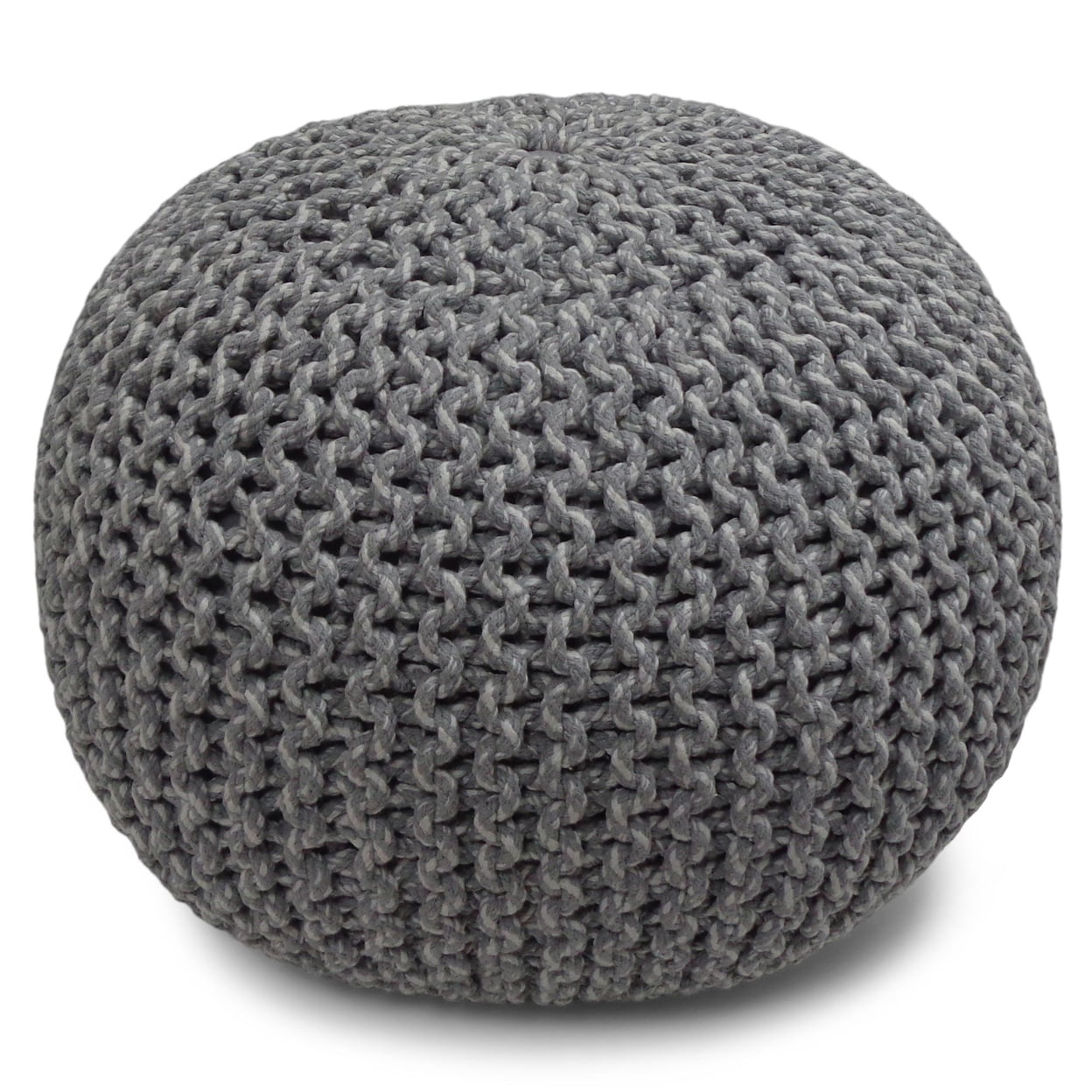 Hand-Knitted Blue Cotton Round Pouf with Polystyrene Filling