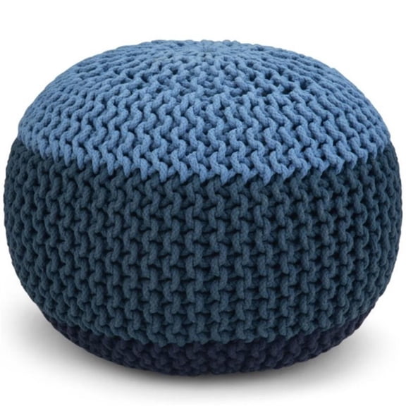 Nikki Boho Round Hand Knit Pouf in Blue, Navy Blue Cotton-Color:Blue/Navy Blue