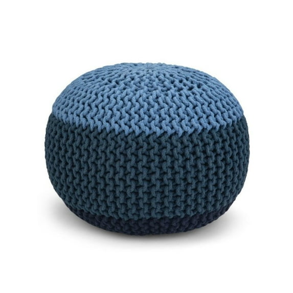 Nikki Boho Round Hand Knit Pouf in Blue, Navy Blue Cotton-Color:Blue/Navy Blue