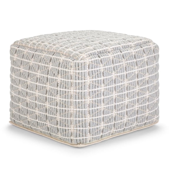 Simpli Home Noreen 18 inch Wide Boho Square Pouf in Light Blue and White Handwoven Cotton
