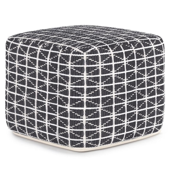 Simpli Home Noreen Boho Square Pouf in Slate Grey and White Handloom Woven Pattern