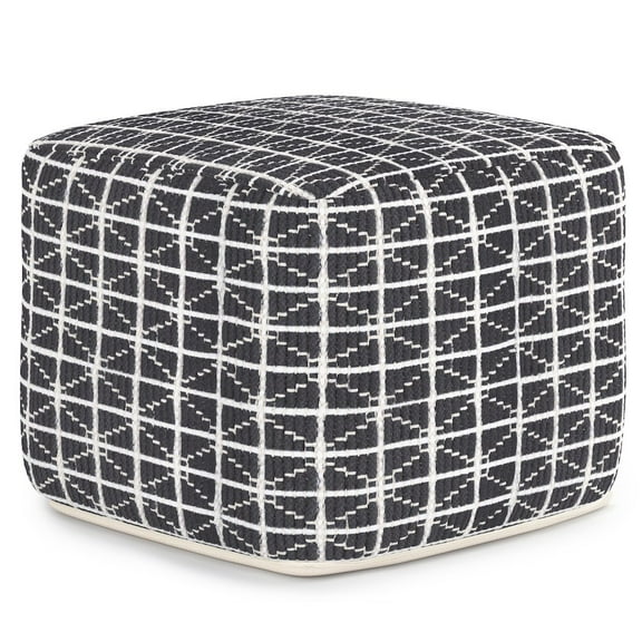 Noreen Boho Square Pouf in Slate Grey and White Handloom Woven Pattern