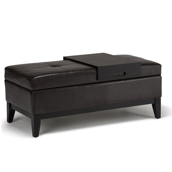 Oregon 42 inch Wide Contemporary Storage Ottoman Bench with Tray in Tanners Brown Vegan Leather