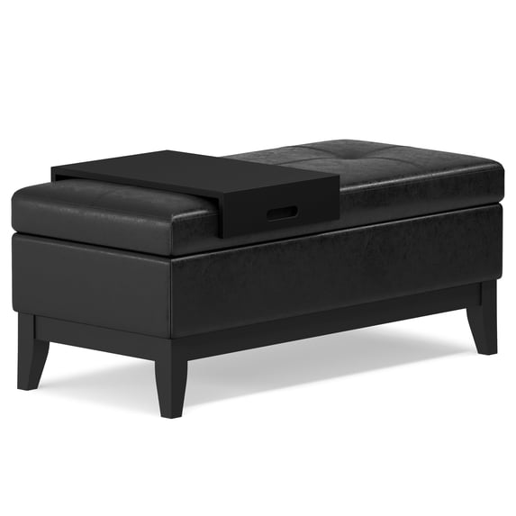 Oregon 42 inch Wide Storage Ottoman Bench with Tray in Distressed Black Vegan Leather