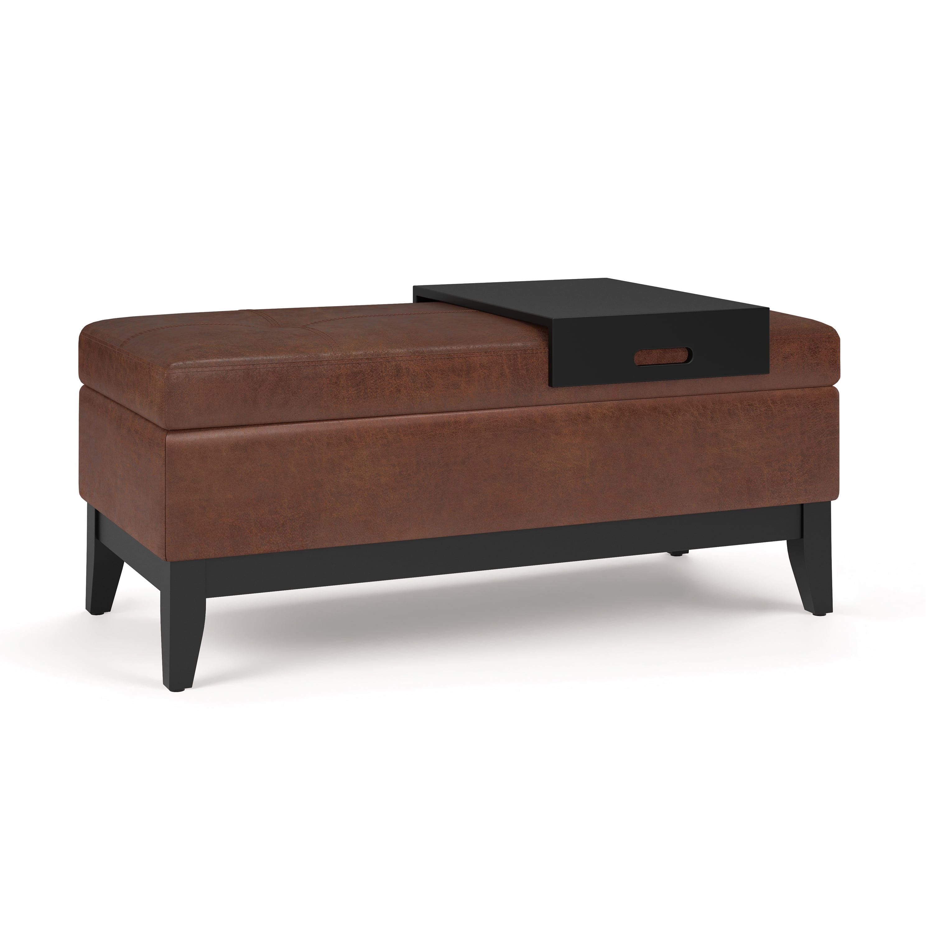 Simpli Home Oregon 42 Wd. Storage Ottoman Bench with Tray in Distressed Saddle