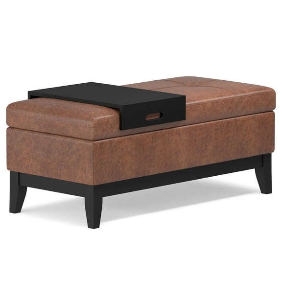 Oregon 42 inch Wide Storage Ottoman Bench with Tray in Distressed Saddle Brown Vegan Leather