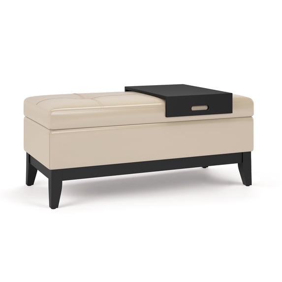 Oregon 42 inch Wide Storage Ottoman Bench with Tray in Satin Cream Vegan Leather