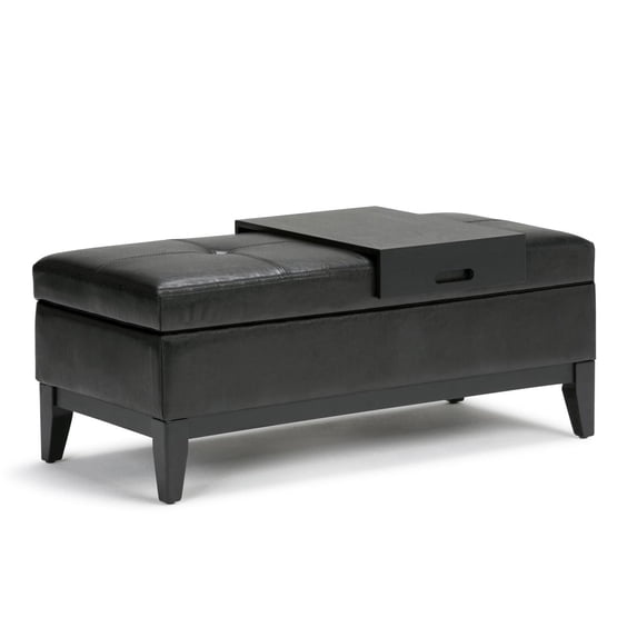 Oregon 42 inch Wide Storage Ottoman Bench with Tray in Midnight Black Vegan Leather