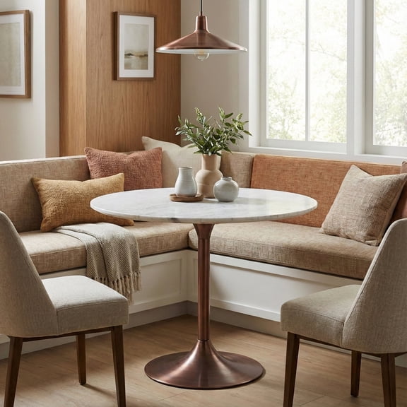 Simpli Home Osborne 36 inch Wide Genuine Marble Round Dining Table, White Marble and Burnished Copper