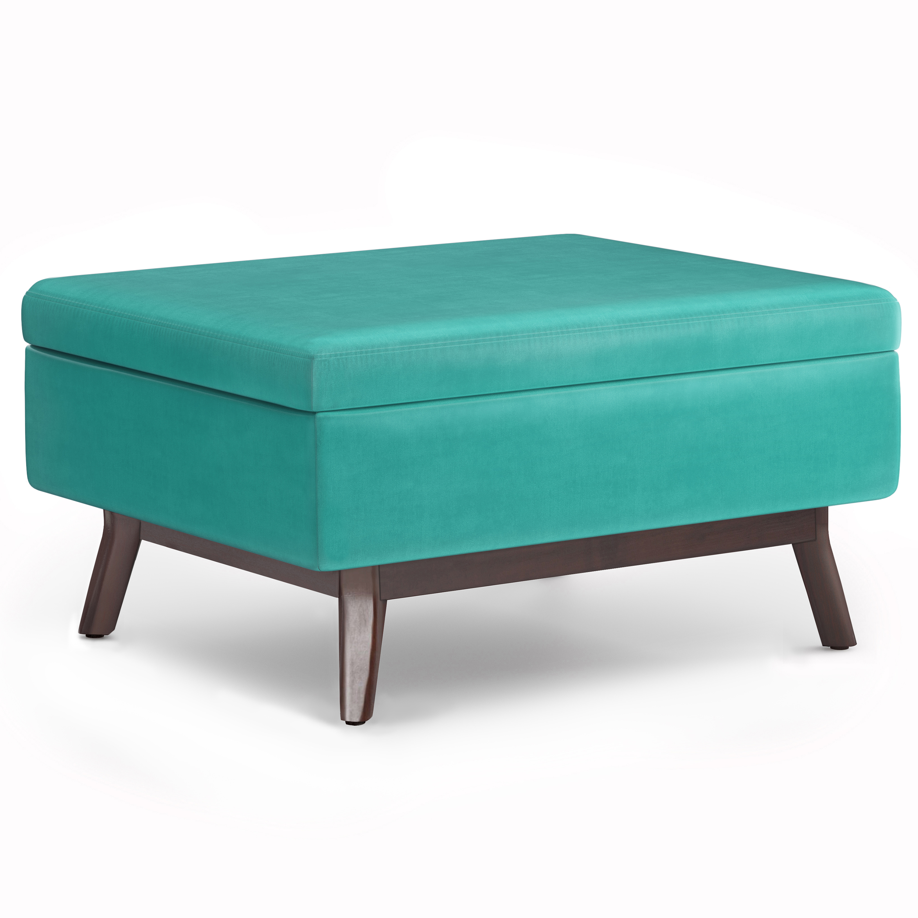 Simpli Home Owen 34" Wd Modern Coffee Table Storage Ottoman in Aqua