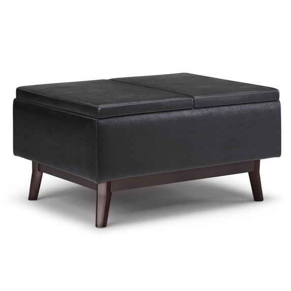 Simpli Home Owen 34 inch Wide Mid-Century Modern Tray Top Small Coffee Table Storage Ottoman in Distressed Black Vegan Leather