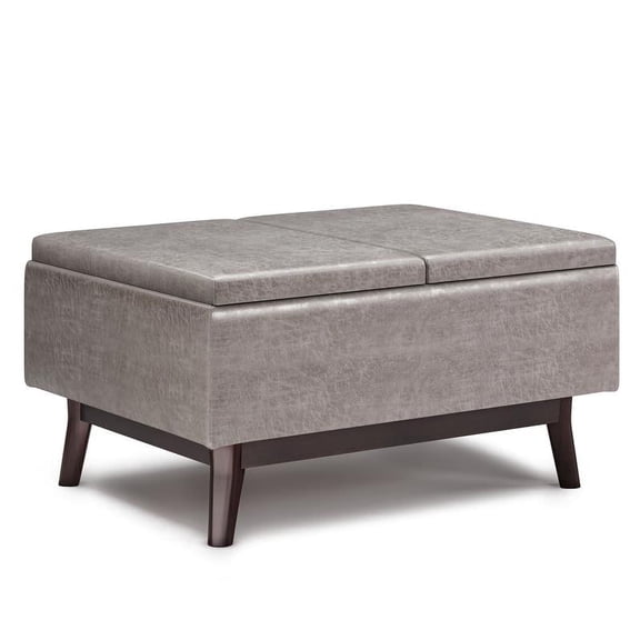 Owen 34 inch Wide Mid-Century Modern Tray Top Small Coffee Table Storage Ottoman in Distressed Grey Vegan Leather