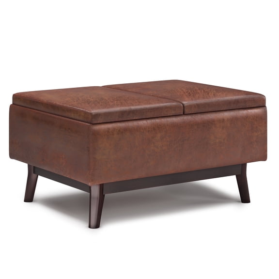 Owen 34 inch Wide Mid-Century Modern Tray Top Small Coffee Table Storage Ottoman in Distressed Saddle Brown Vegan Leather