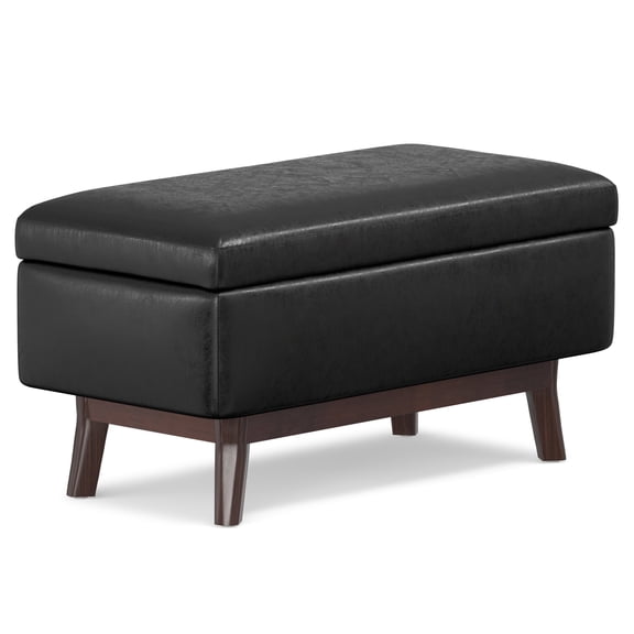 Owen 36 inch Wide Mid-Century Modern Small Rectangular Storage Ottoman in Distressed Black Vegan Leather