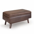 thumbnail image 1 of Simpli Home Owen 36 inch Wide Mid-Century Modern Small Rectangular Storage Ottoman in Distressed Chestnut Brown Vegan Leather, 1 of 9