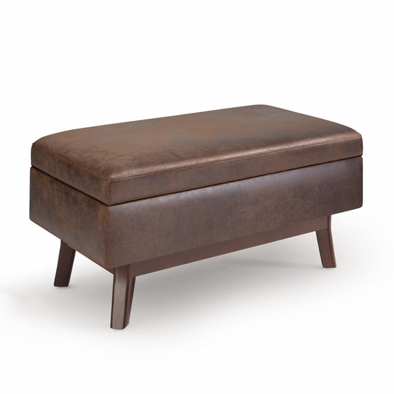 Simpli Home Owen 36 inch Wide Mid-Century Modern Small Rectangular Storage Ottoman in Distressed Chestnut Brown Vegan Leather