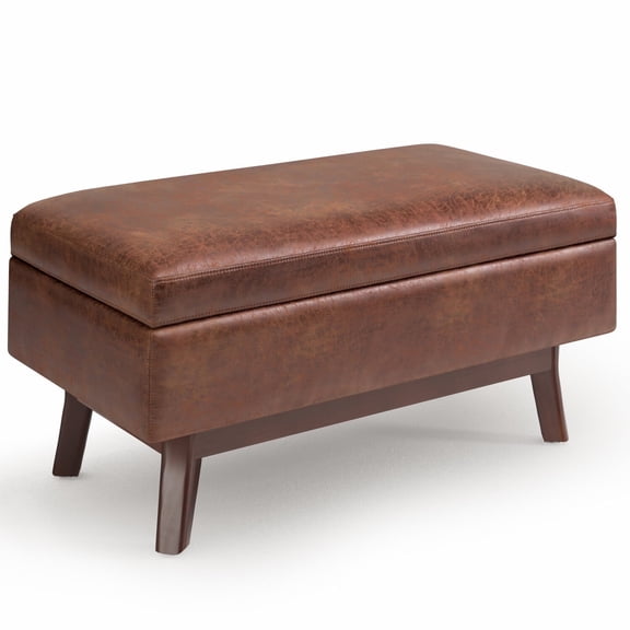 Owen 36 inch Wide Mid-Century Modern Small Rectangular Storage Ottoman in Distressed Saddle Brown Vegan Leather